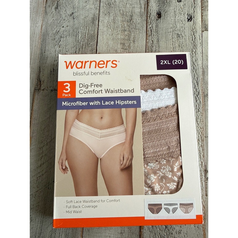 Warners Blissful Benefits 3 Pack Microfiber Lace Hipsters 2XL 20 Tan White